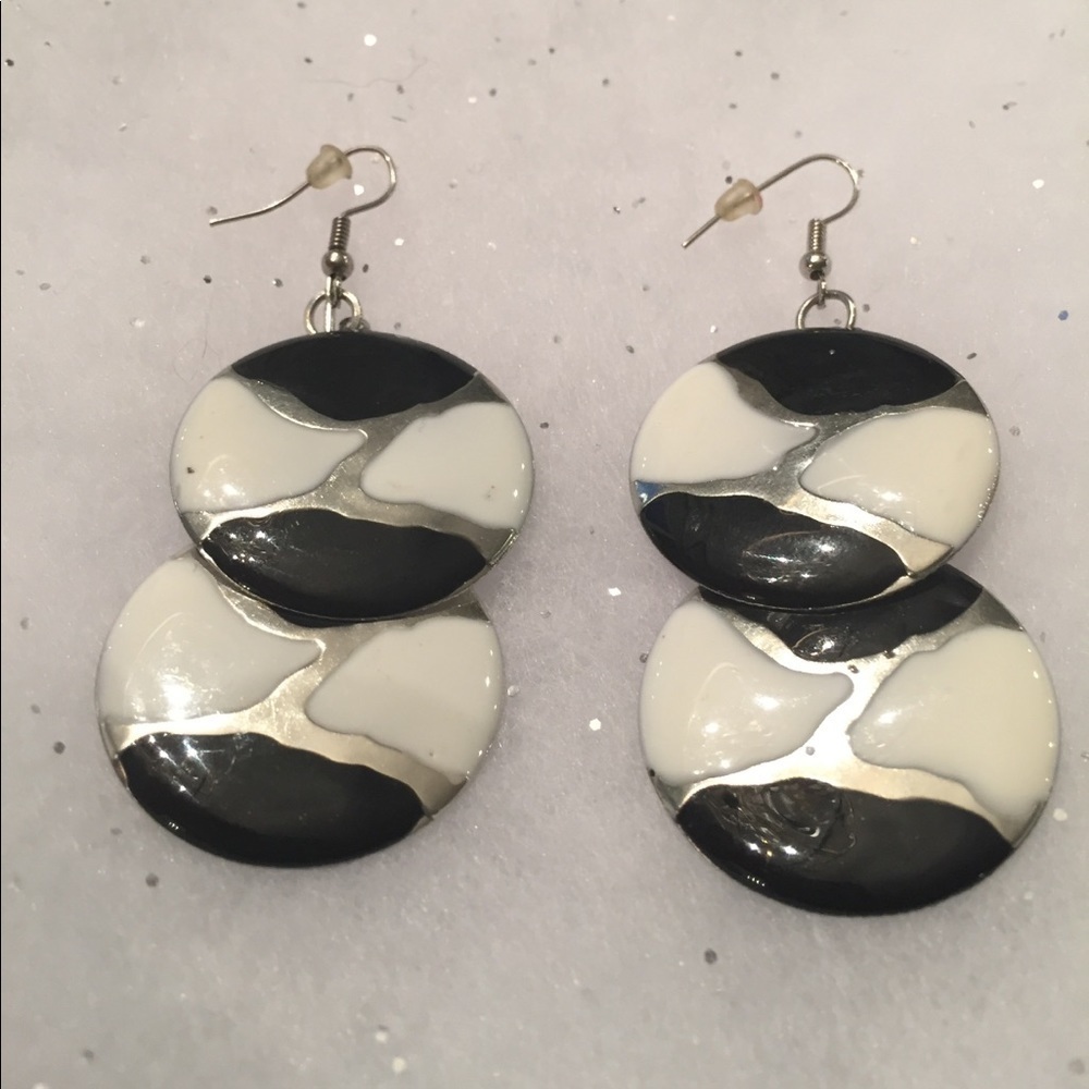 Black & White Painted Metal Dangling Disc Pierced Earrings